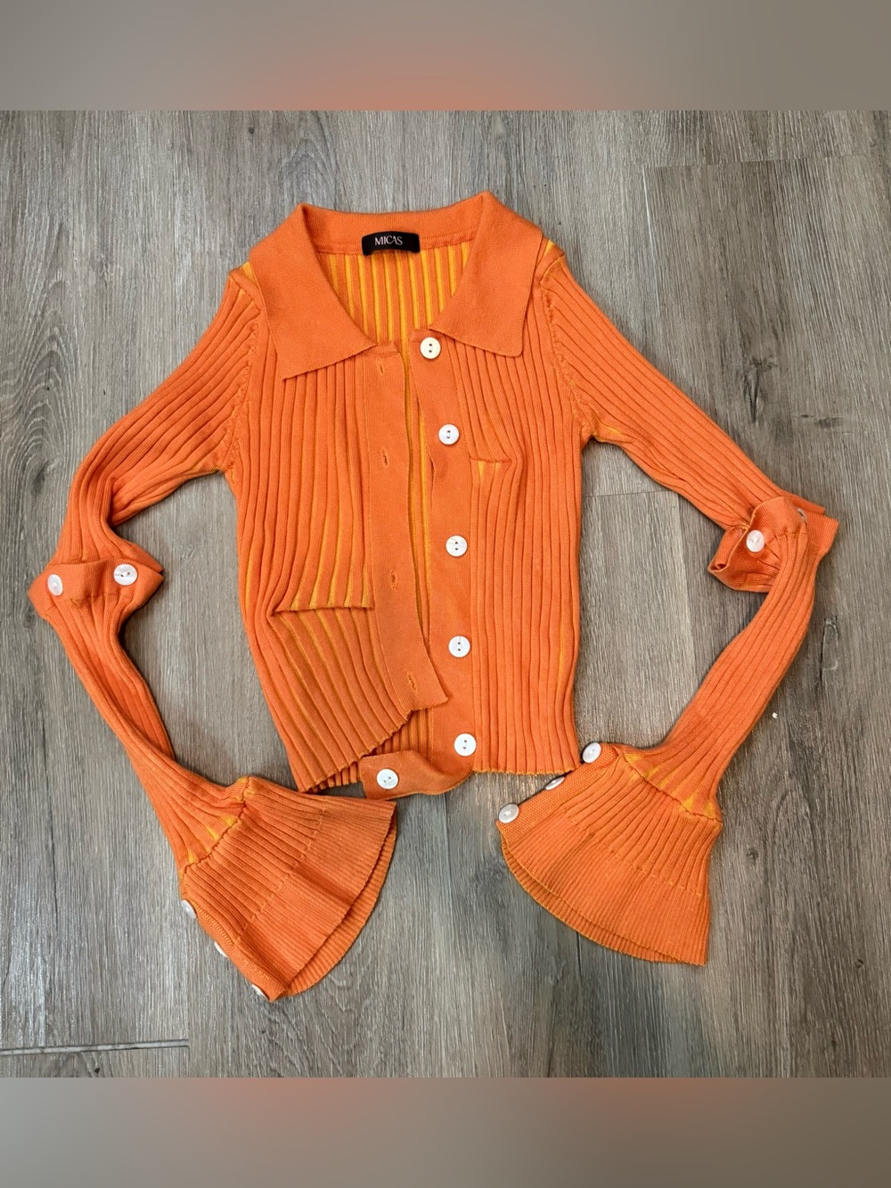 MICAS Orange Ribbed Button Cardigan Sweater Top with Flared Cuffs Size Medium
